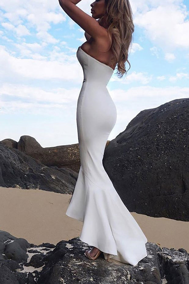 White Long Mermaid Strapless High Low Prom Dress - Mislish
