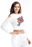 White Off-the-shoulder Flower Embroidered Sweatshirt - Mislish