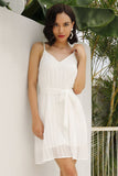 White Pleated Lace-up Chiffon Dress - Mislish