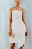 White Ruched Strapless Asymmetric Hem Prom Dress - Mislish