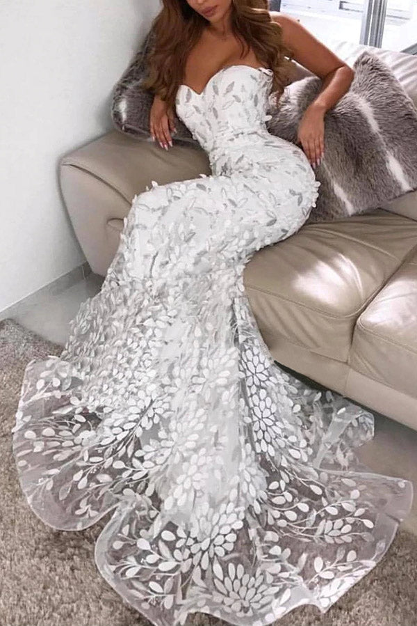 Vintage White Applique Mermaid Prom Dress