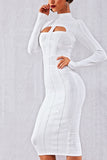 White Turtleneck Cut Out Bandage Dress - Mislish