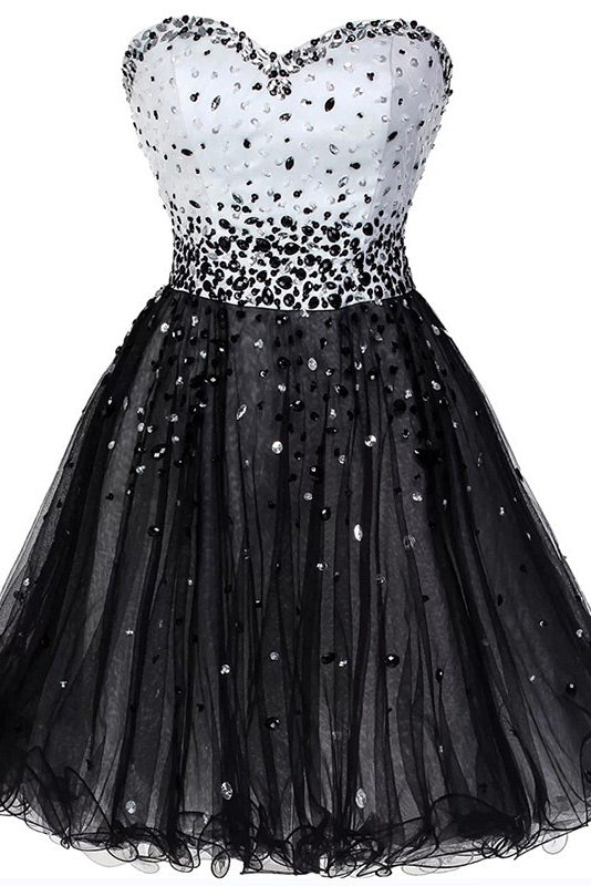 White And Black Strapless Beaded Party Homecoming Dress