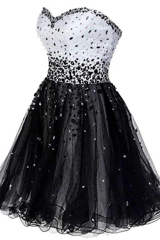 White And Black Strapless Beaded Party Homecoming Dress