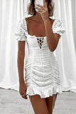 White Cutout Drawstring Short Dress - Mislish