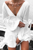White Deep V Lantern Sleeves Mini Dress - Mislish