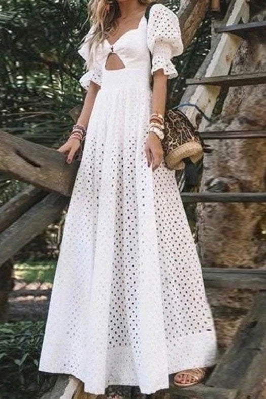 White Long Hollow Out A-Line Dress