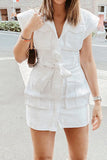 White Lace-up Short Dress With Pockets - Mislish