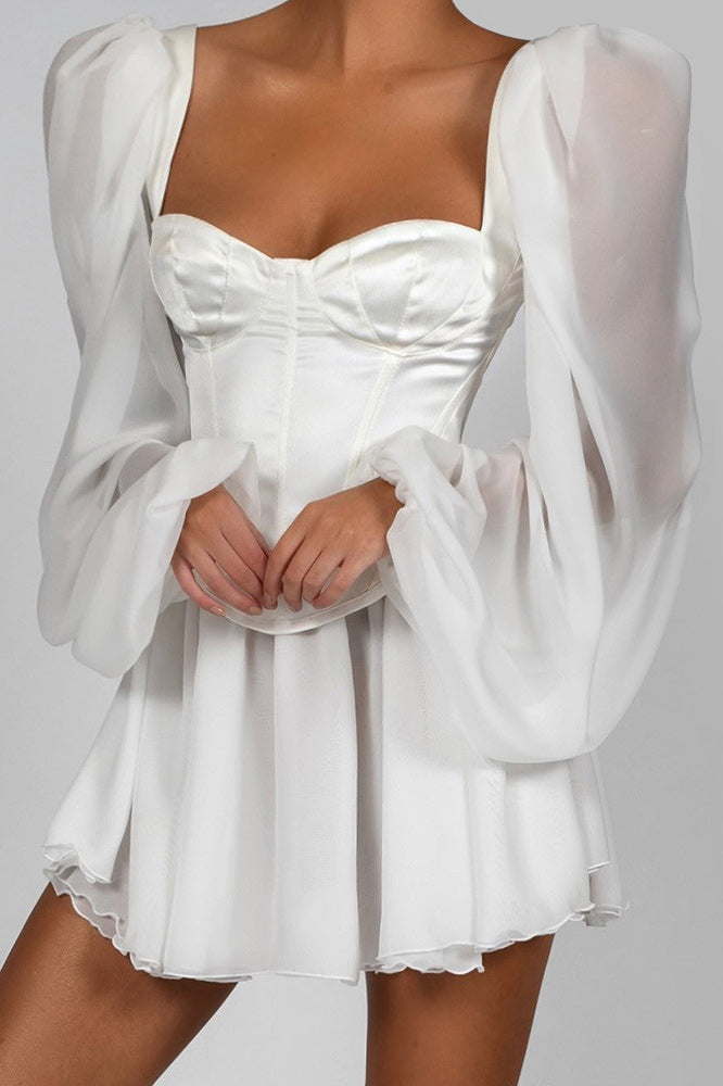White Lantern Sleeves Chiffon Dress With Zipper - Mislish