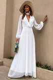 White Long Sleeve A-Line V-Neck Prom Evening Dress