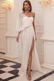 White One Sleeve Sequins High Slit Prom Evening Dresses