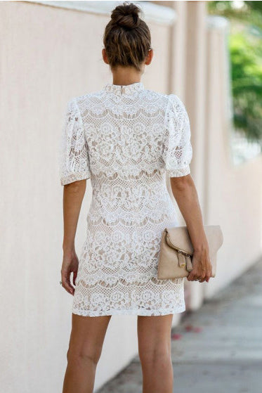 White Turtleneck Lace Short Fitted Dress - Mislish