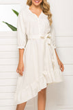 White Lace-up Casual Ruffle Dress