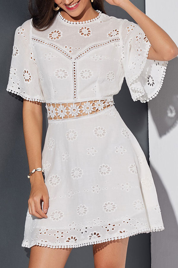 White Cut Out Lace Panel Mini Dress - Mislish