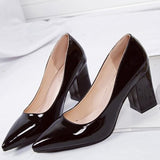 Patent Leather Chunky Heel Pumps Pointed Toe Shoes - Mislish