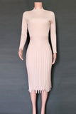 Women's Pink Mid Length Sweater Knit Solid Color Pleated Dress