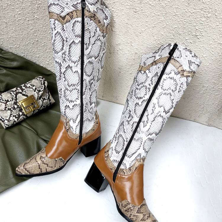 Snakeskin Print Pointed Toe Low Heels Boots - Mislish