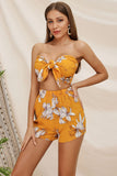 Yellow Floral Bandeau Knot Front Two Piece Sets - Mislish