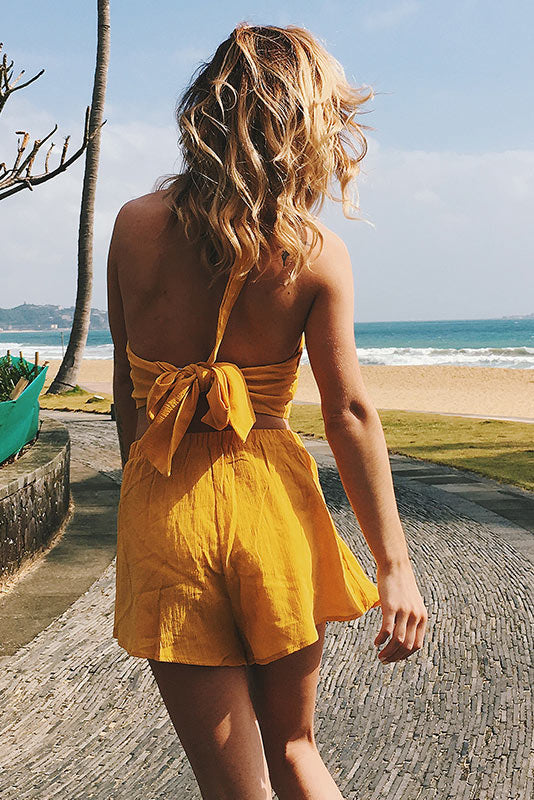 Yellow Halter&Lace-up Backless Crop Two Piece Sets - Mislish