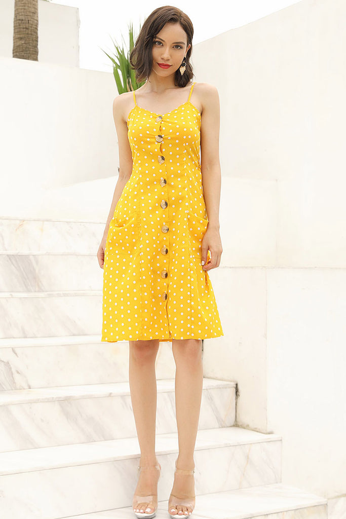 Yellow Polka Dot Single Breasted Lace-Up Pocketed Dress - Mislish