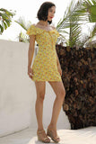 Yellow Ruffled Off-the-shoulder Lace-up Mini Dress - Mislish