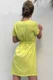 Yellow V Neck Single Breasted Dress With Short Sleeves - Mislish