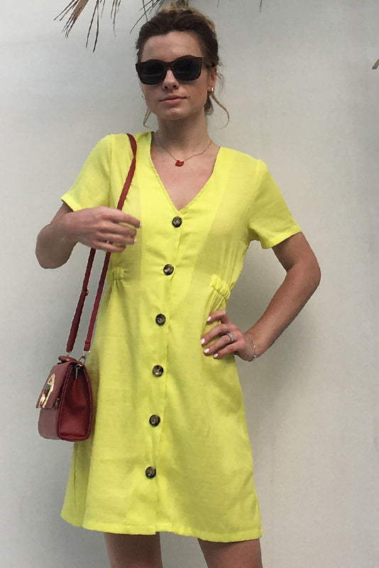 Yellow V Neck Single Breasted Dress With Short Sleeves - Mislish