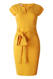 Yellow Cap Sleeves Midi Office Dress