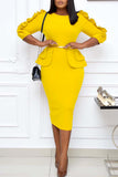 Yellow Half Sleeves Bodycon Midi Office Dress