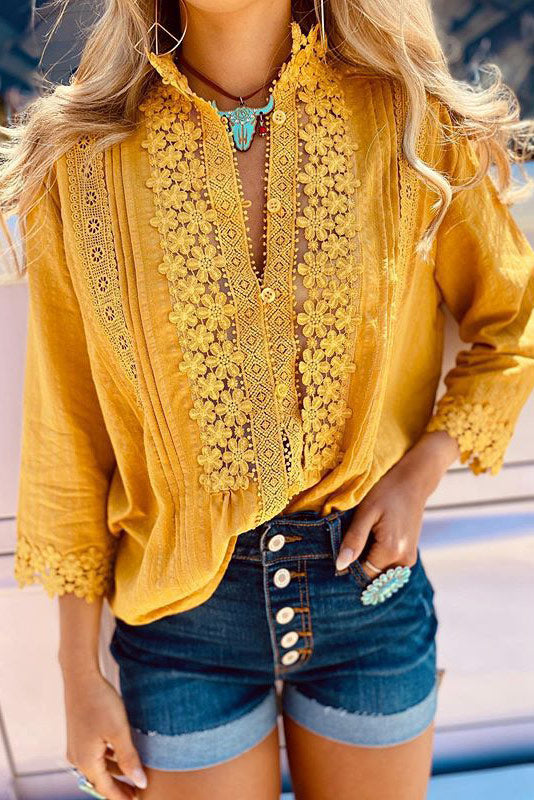 Yellow Lace Patchwork Buttoned Blouse - Mislish
