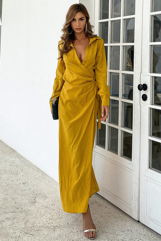Yellow Long Sleeve V-Neck Evening Party Dress