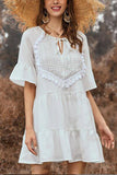 White Ruffle Trim Tasseled A-line Dress - Mislish