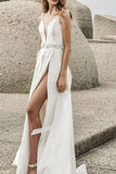 White Deep V Thigh High Prom Dress - Mislish