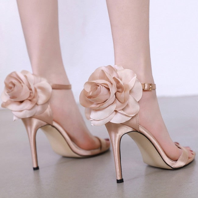 Open Toe Ankle Strap High Heels Sandals With Flower - Mislish