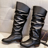 Women's Leatherette Low Heel Long Boots - Mislish